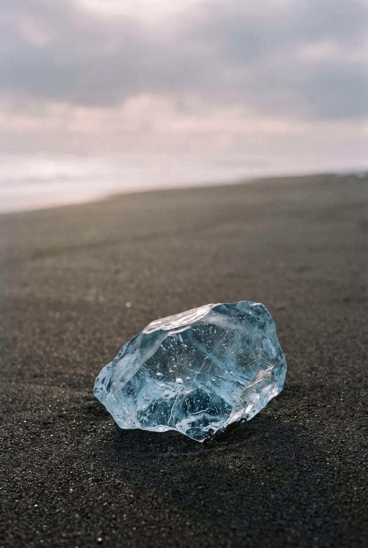 A small piece of transparent ice resting on black sand, seen close up, with trapped air bubbles and fine cracks catching the low sunlight.